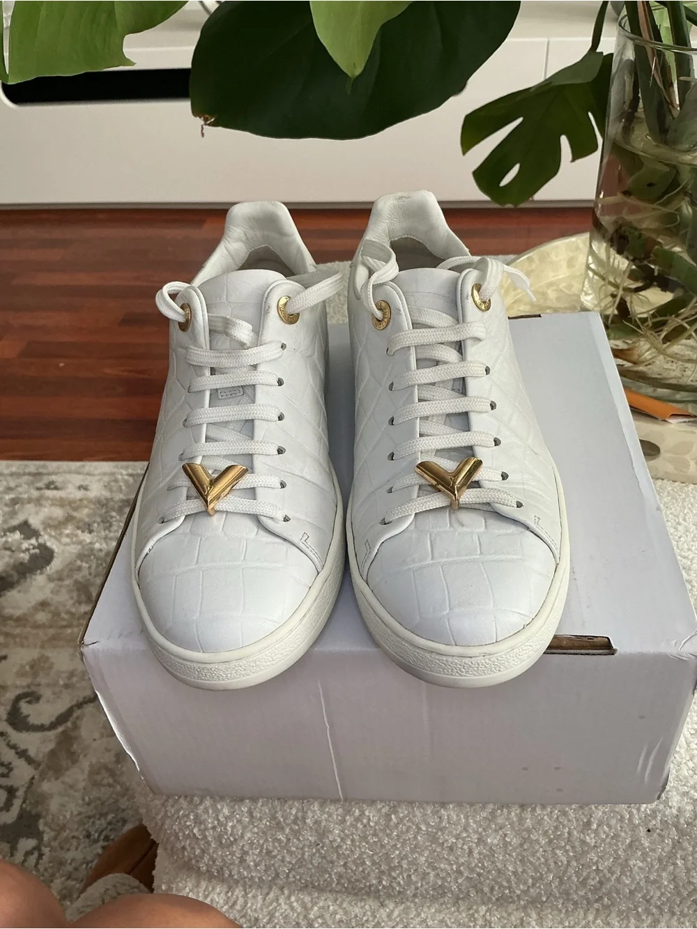 Louis Vuitton White Croc-Embossed Sneakers with Gold V Accents